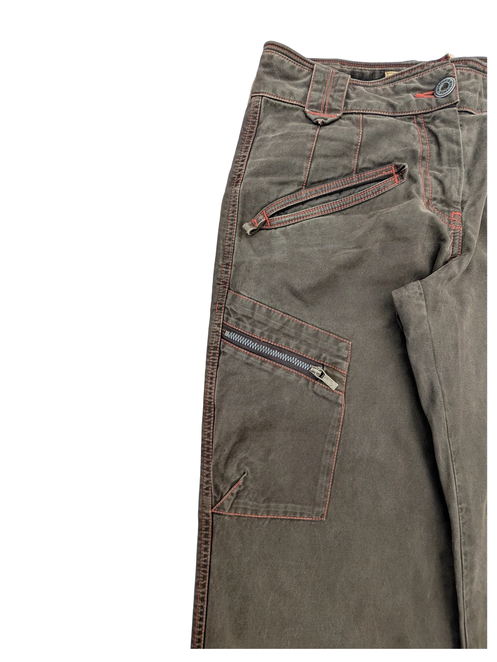 JAKE & IPI Murphy and Nye cargo pants in dark brown with orange contrast stitching and zippered pockets.