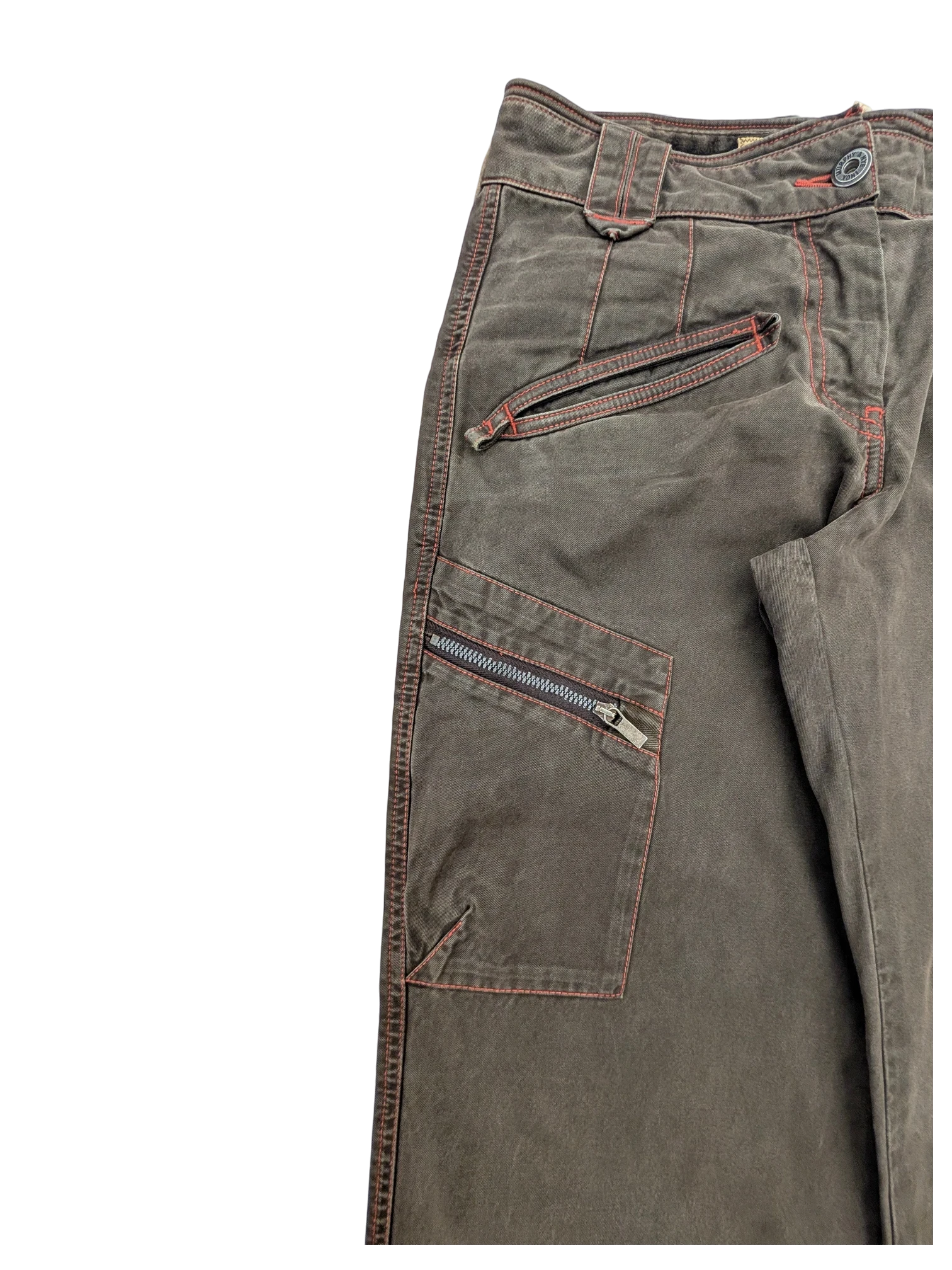JAKE & IPI Murphy and Nye cargo pants in dark brown with orange contrast stitching and zippered pockets.