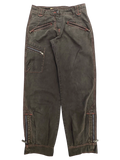 JAKE & IPI Murphy and Nye cargo pants in dark brown with red contrast stitching and zip details.