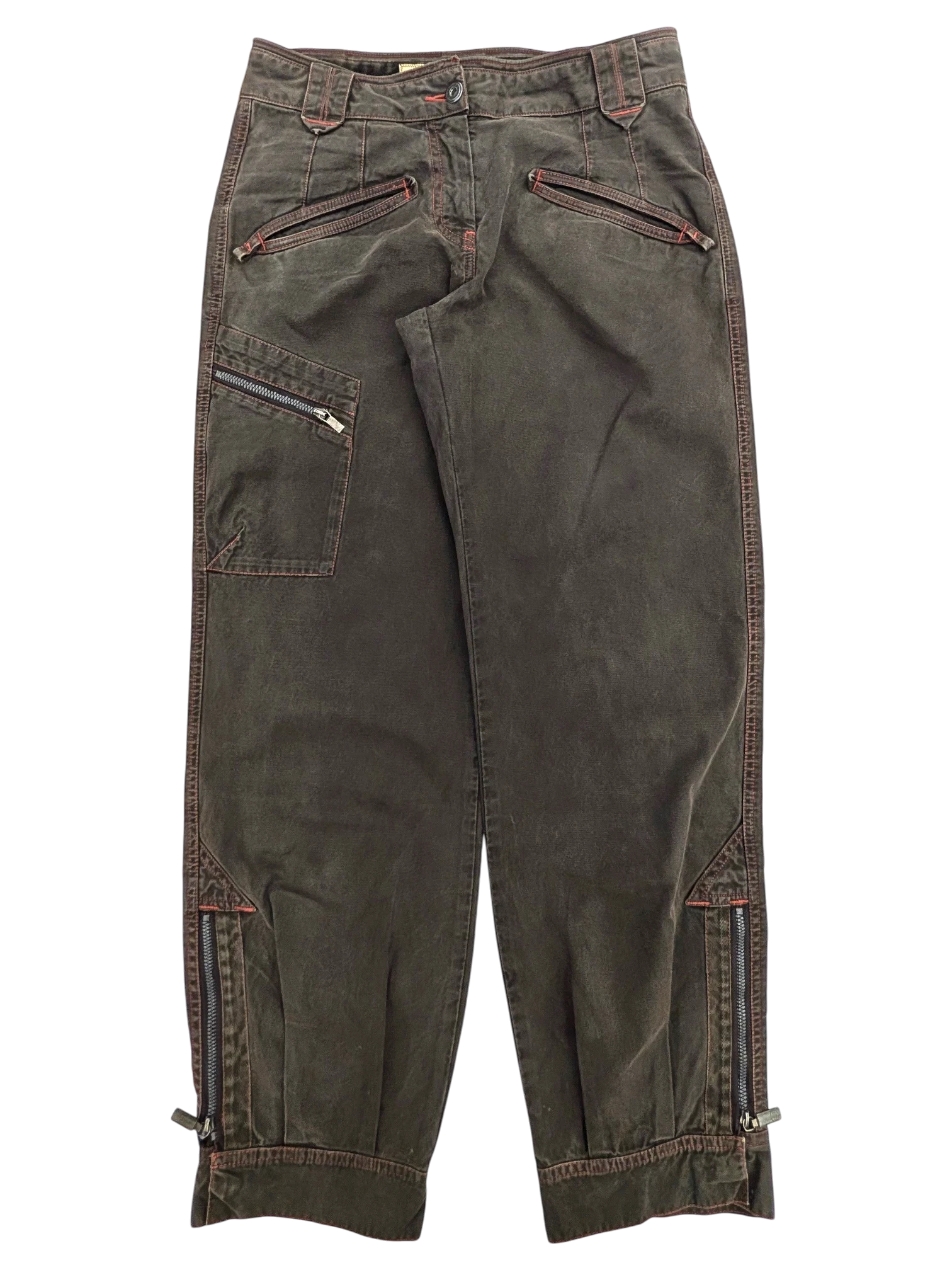 JAKE & IPI Murphy and Nye cargo pants in dark brown with red contrast stitching and zip details.