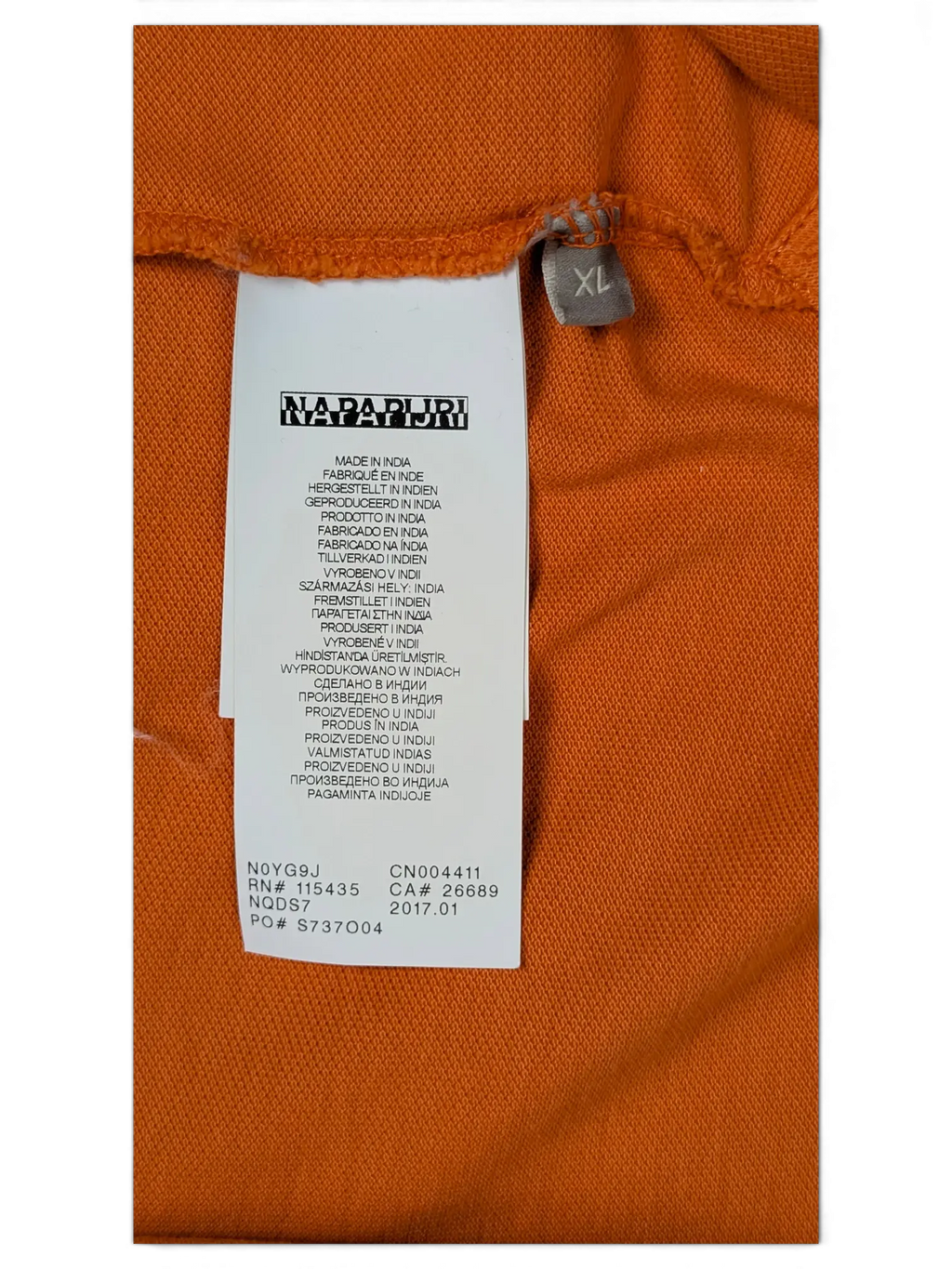 JAKE & IPI Napapijri orange polo shirt interior care label with size XL tag