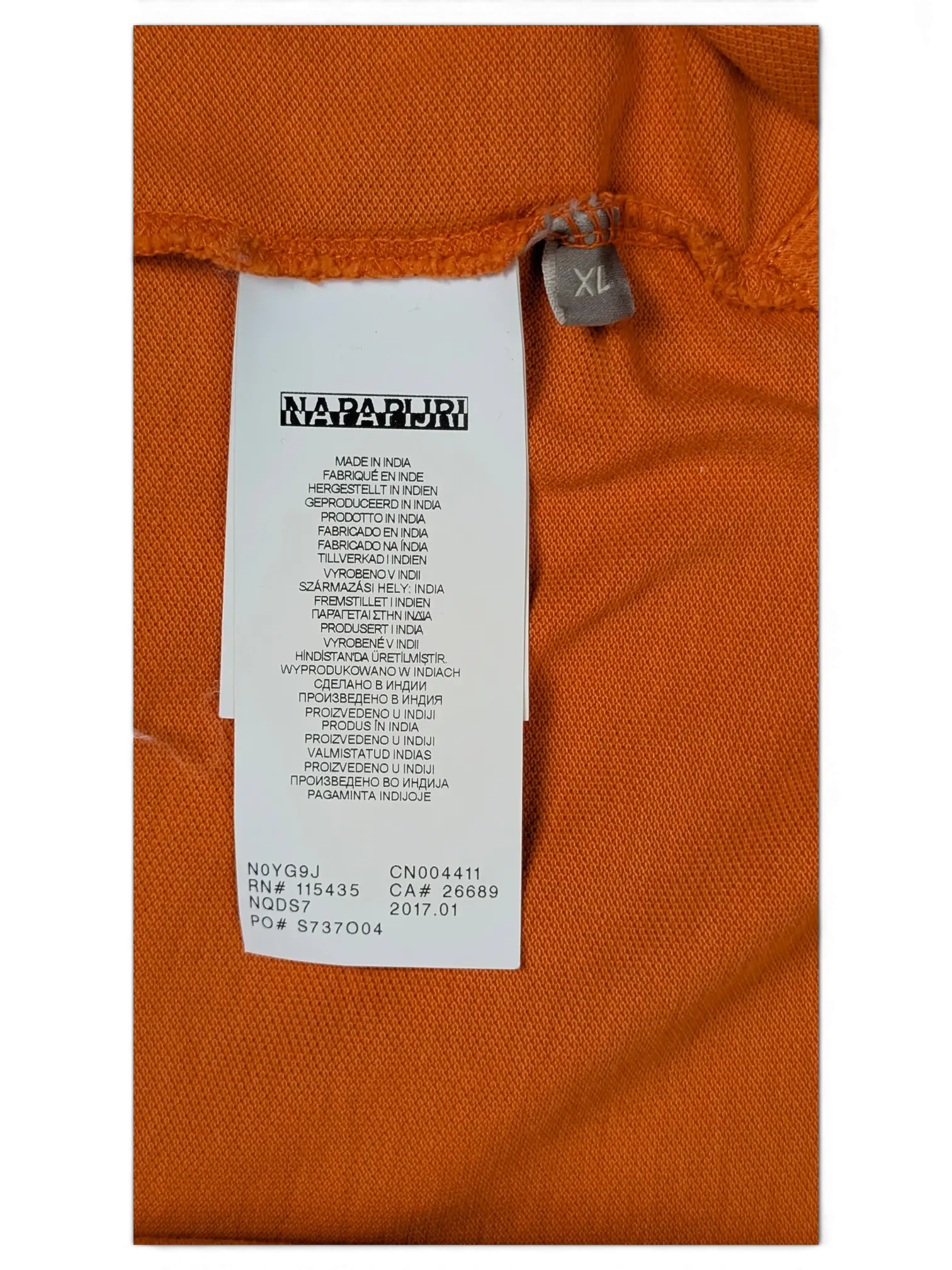 JAKE & IPI Napapijri orange polo shirt interior care label with size XL tag