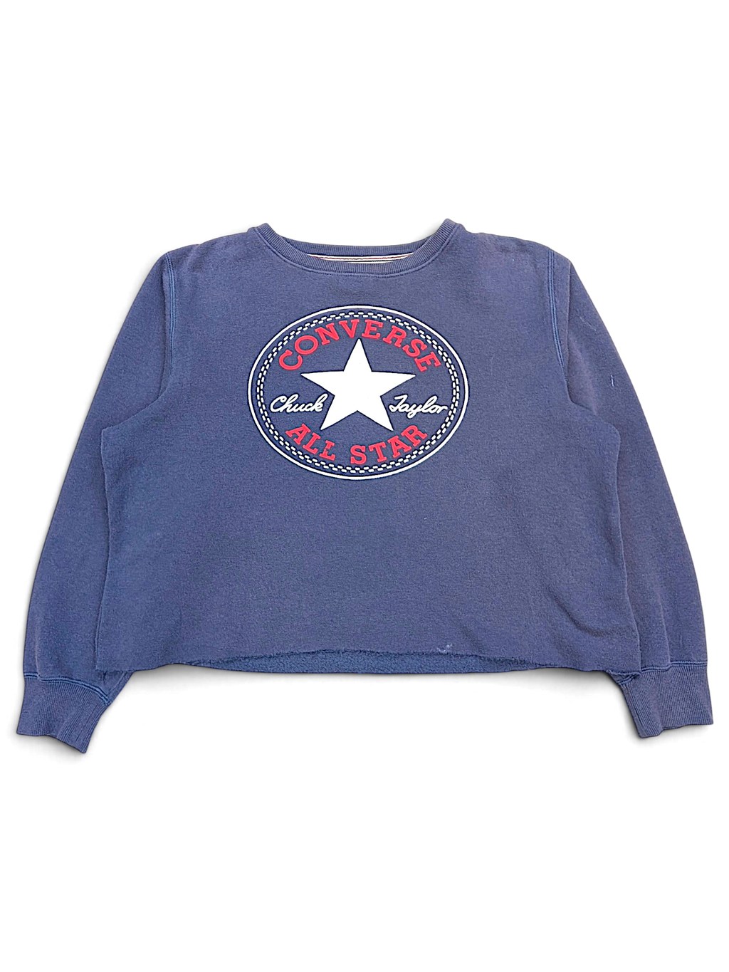 JAKE & IPI navy blue cropped Converse sweatshirt with a large white and red circular logo graphic on the front