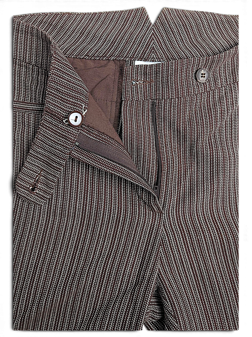 JAKE & IPI Next brown and cream cotton pinstripe trousers featuring a straight leg and button fly closure.