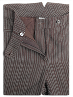 JAKE & IPI Next brown and cream cotton pinstripe trousers featuring a straight leg and button fly closure.