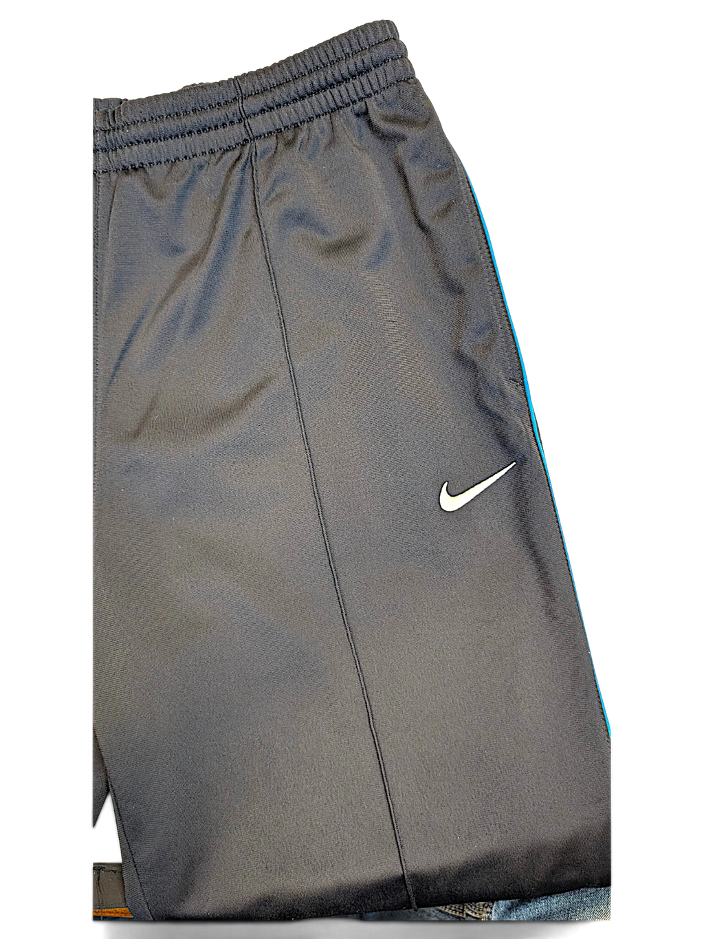 JAKE & IPI Nike grey polyester track pants featuring blue side piping and a white Swoosh logo on the leg