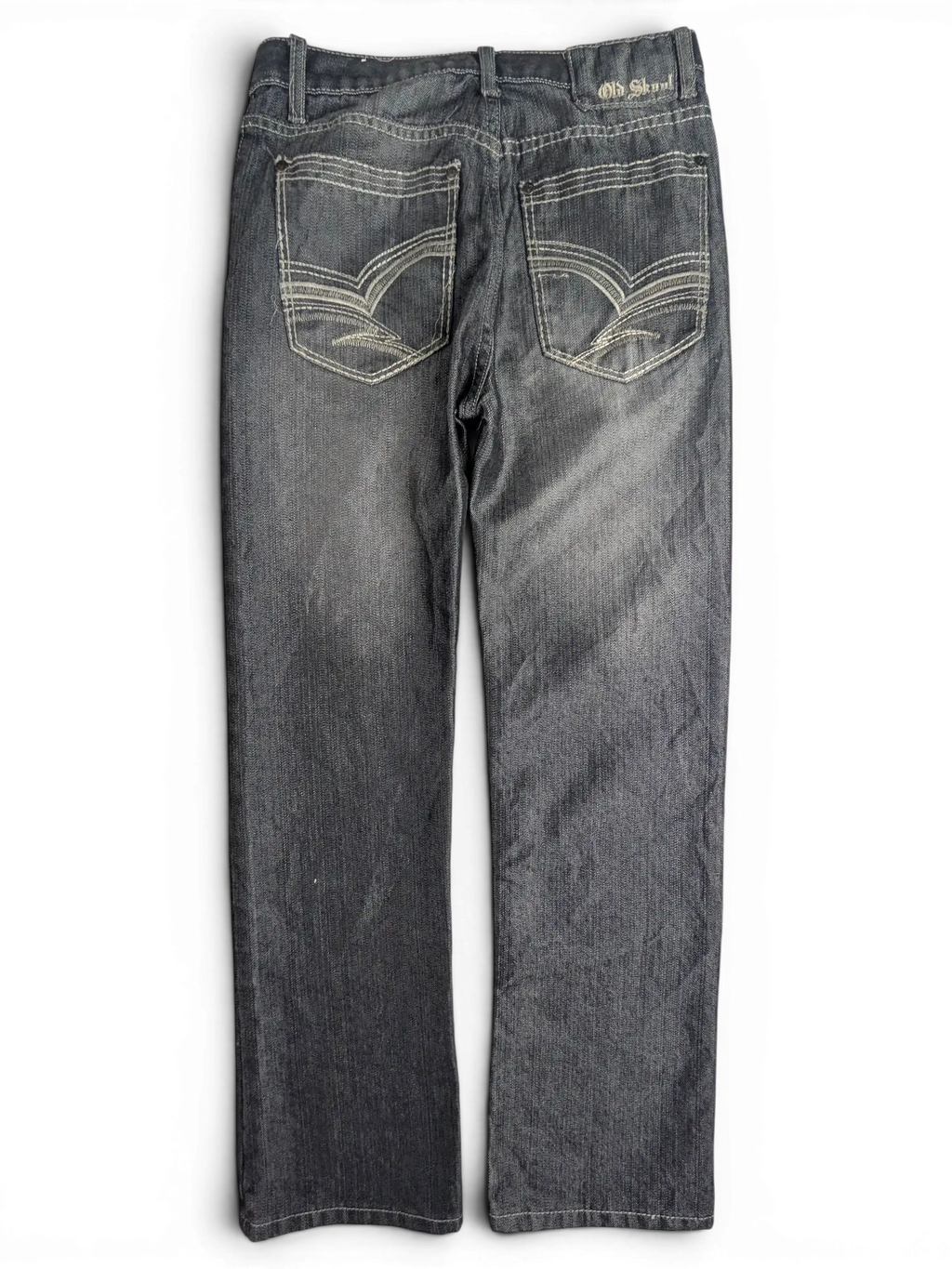 JAKE & IPI Old Skool size 14 dark grey denim jeans with decorative white stitching on back pockets