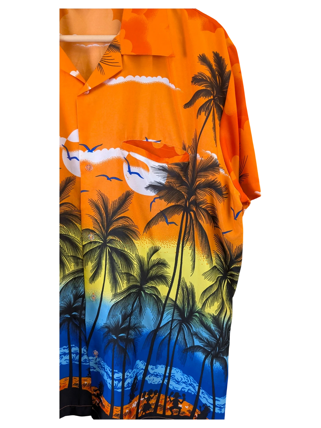 JAKE & IPI King Kahema Hawaiian shirt featuring a vibrant orange, yellow, and blue tropical sunset palm tree print.