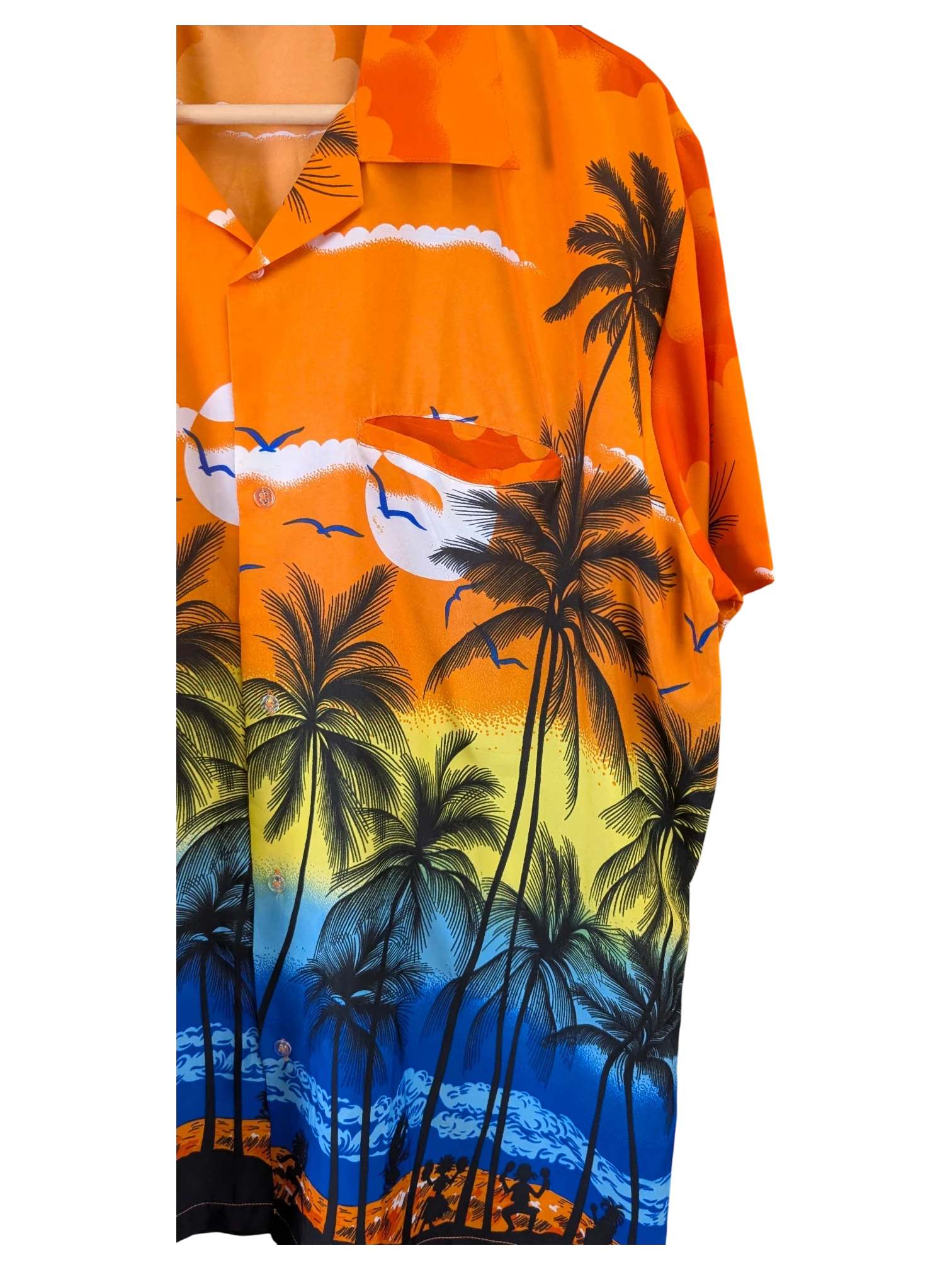 JAKE & IPI King Kahema Hawaiian shirt featuring a vibrant orange, yellow, and blue tropical sunset palm tree print.