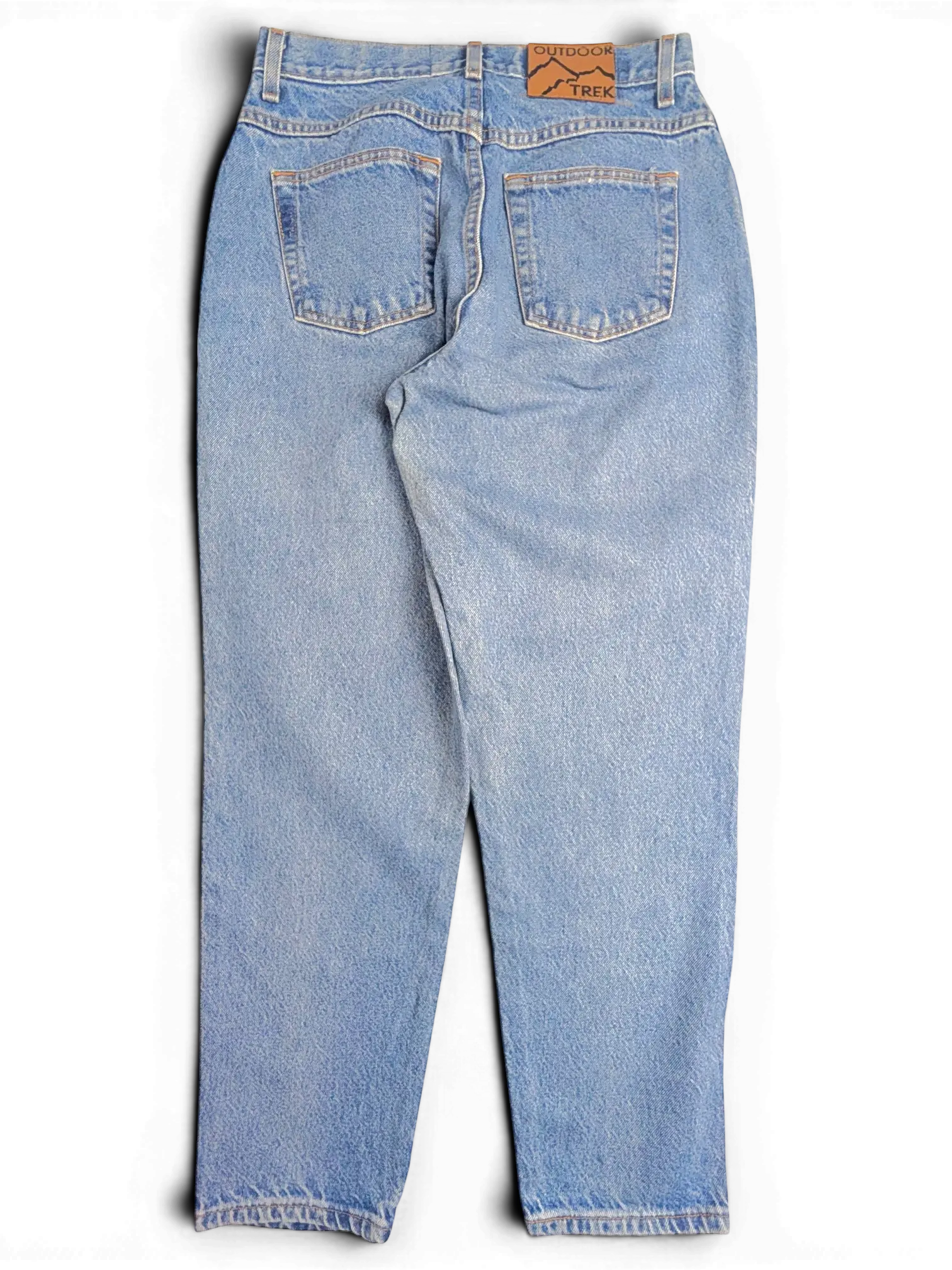 JAKE & IPI Outdoor Trek blue denim jeans with a leather brand patch on the back waist, shown from the rear view.