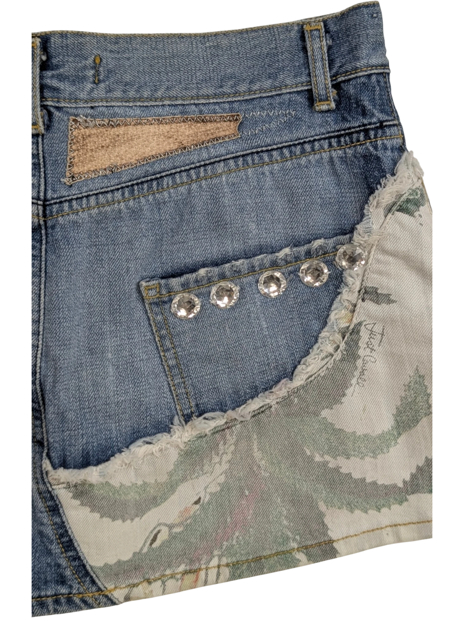JAKE & IPI blue denim mini skirt with patchwork, rhinestones, and graphic print. Y2K style.