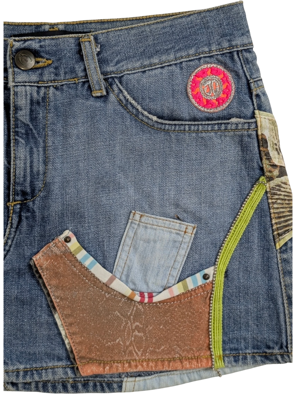 JAKE & IPI blue denim mini skirt with patchwork, graphic print, and embroidered logo patch. Y2K style.