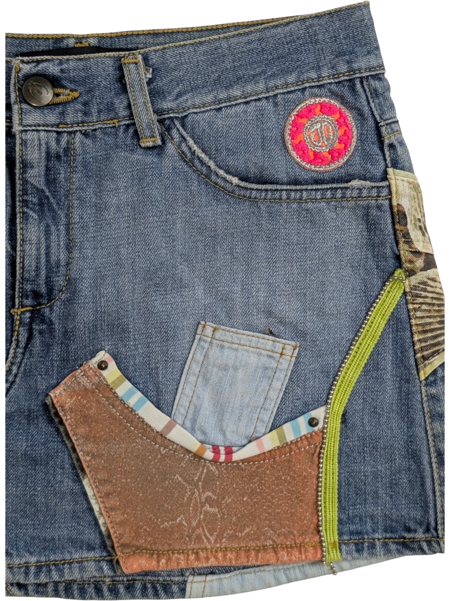 JAKE & IPI blue denim mini skirt with patchwork, graphic print, and embroidered logo patch. Y2K style.