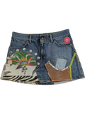 JAKE & IPI blue denim mini skirt with patchwork, rhinestones, zebra print, and graphic details. Y2K era.