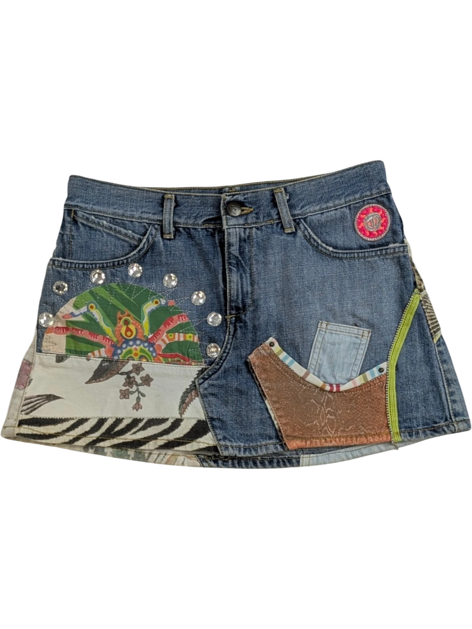 JAKE & IPI blue denim mini skirt with patchwork, rhinestones, zebra print, and graphic details. Y2K era.