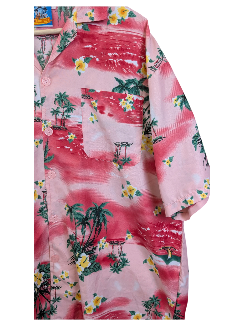 JAKE & IPI True Face Hawaiian shirt in pink with a tropical palm tree and yellow hibiscus floral print