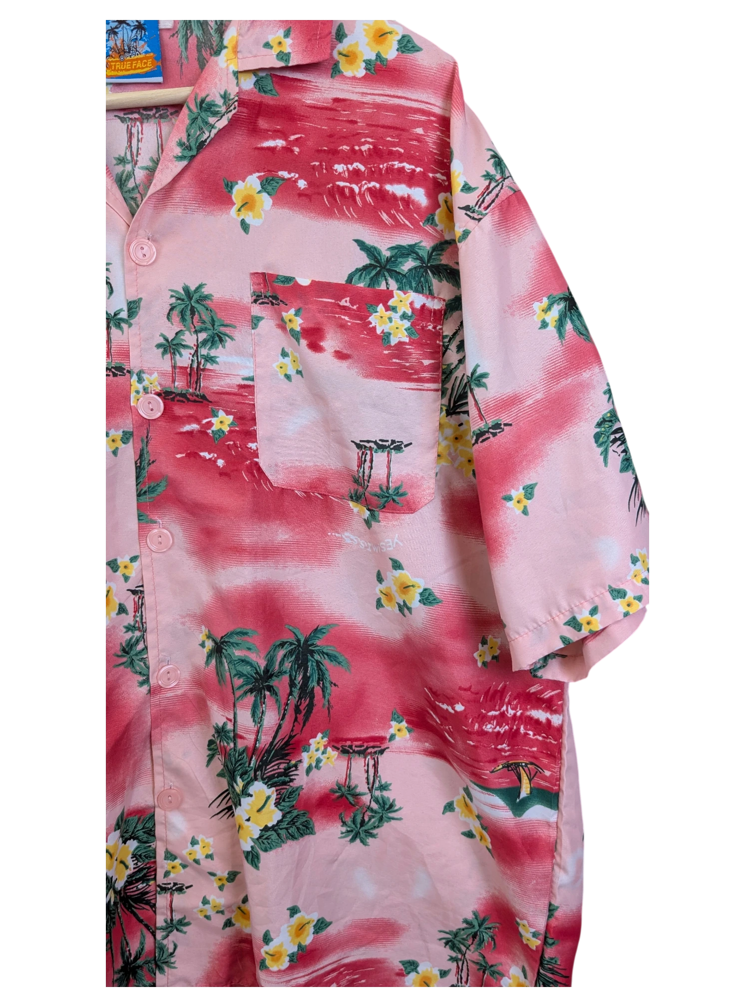 JAKE & IPI True Face Hawaiian shirt in pink with a tropical palm tree and yellow hibiscus floral print