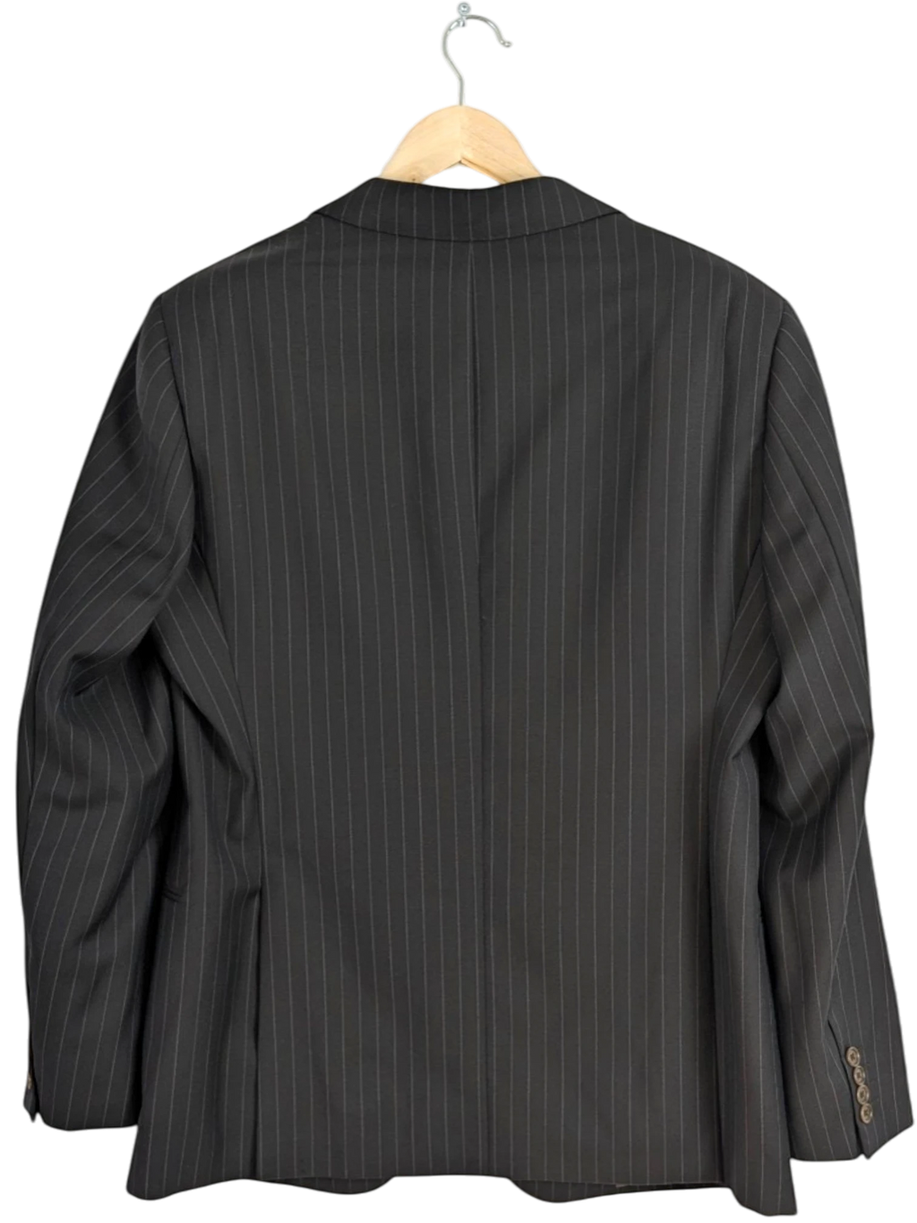 JAKE & IPI charcoal grey pinstripe wool blazer, size 52 EU, notched lapel, two-button closure.