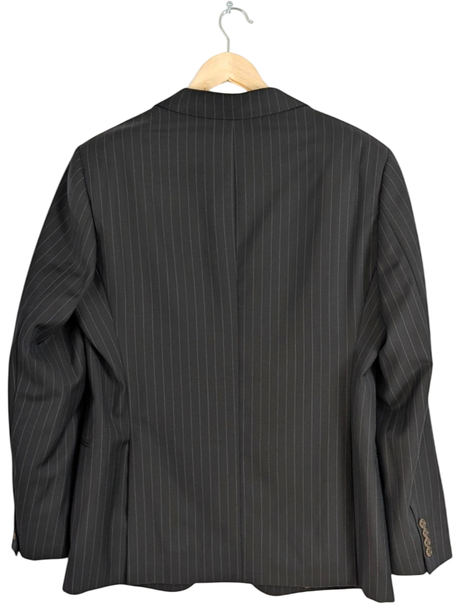 JAKE & IPI charcoal grey pinstripe wool blazer, size 52 EU, notched lapel, two-button closure.