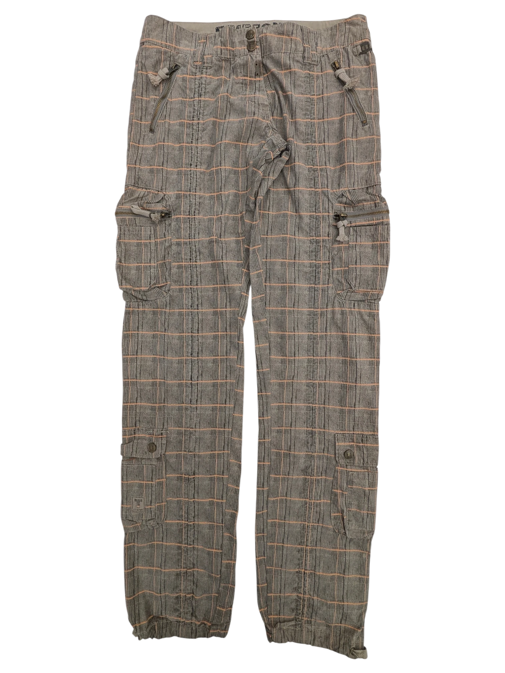 JAKE & IPI grey and pink plaid cargo pants with multiple zippered pockets and buttoned cargo pockets.