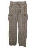 JAKE & IPI grey and pink plaid cargo pants with multiple zippered pockets and buttoned cargo pockets.