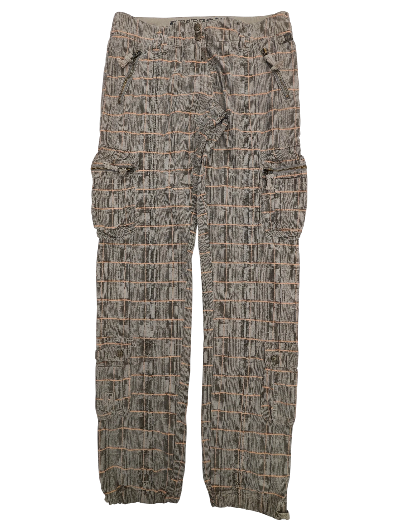 JAKE & IPI grey and pink plaid cargo pants with multiple zippered pockets and buttoned cargo pockets.