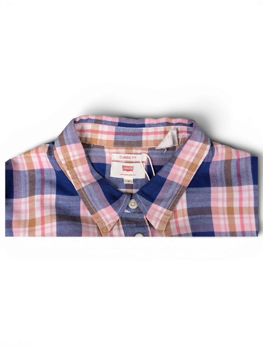 JAKE & IPI vintage blue, pink, and beige plaid long sleeve shirt with a classic fit collar and button-down front.