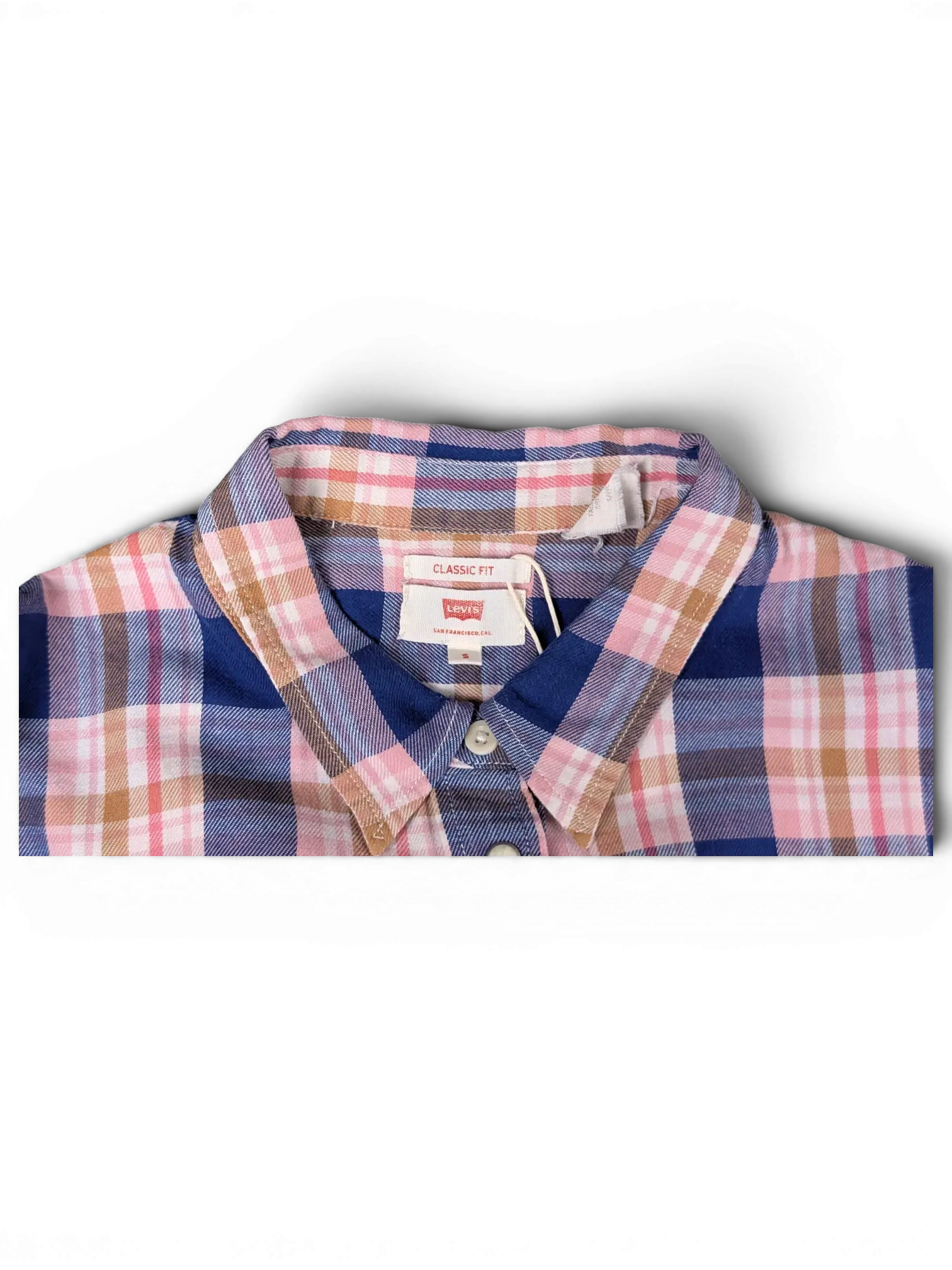 JAKE & IPI vintage blue, pink, and beige plaid long sleeve shirt with a classic fit collar and button-down front.