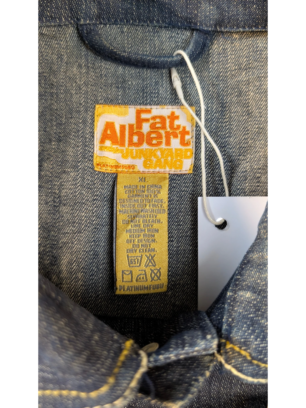 JAKE & IPI Platinum FUBU denim jacket with Fat Albert Junkyard Gang label. Blue cotton.
