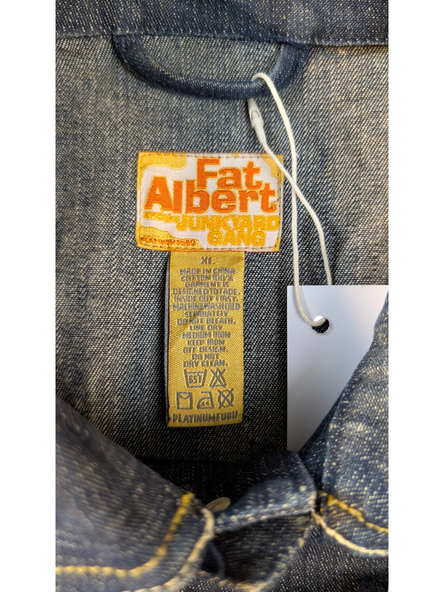 JAKE & IPI Platinum FUBU denim jacket with Fat Albert Junkyard Gang label. Blue cotton.
