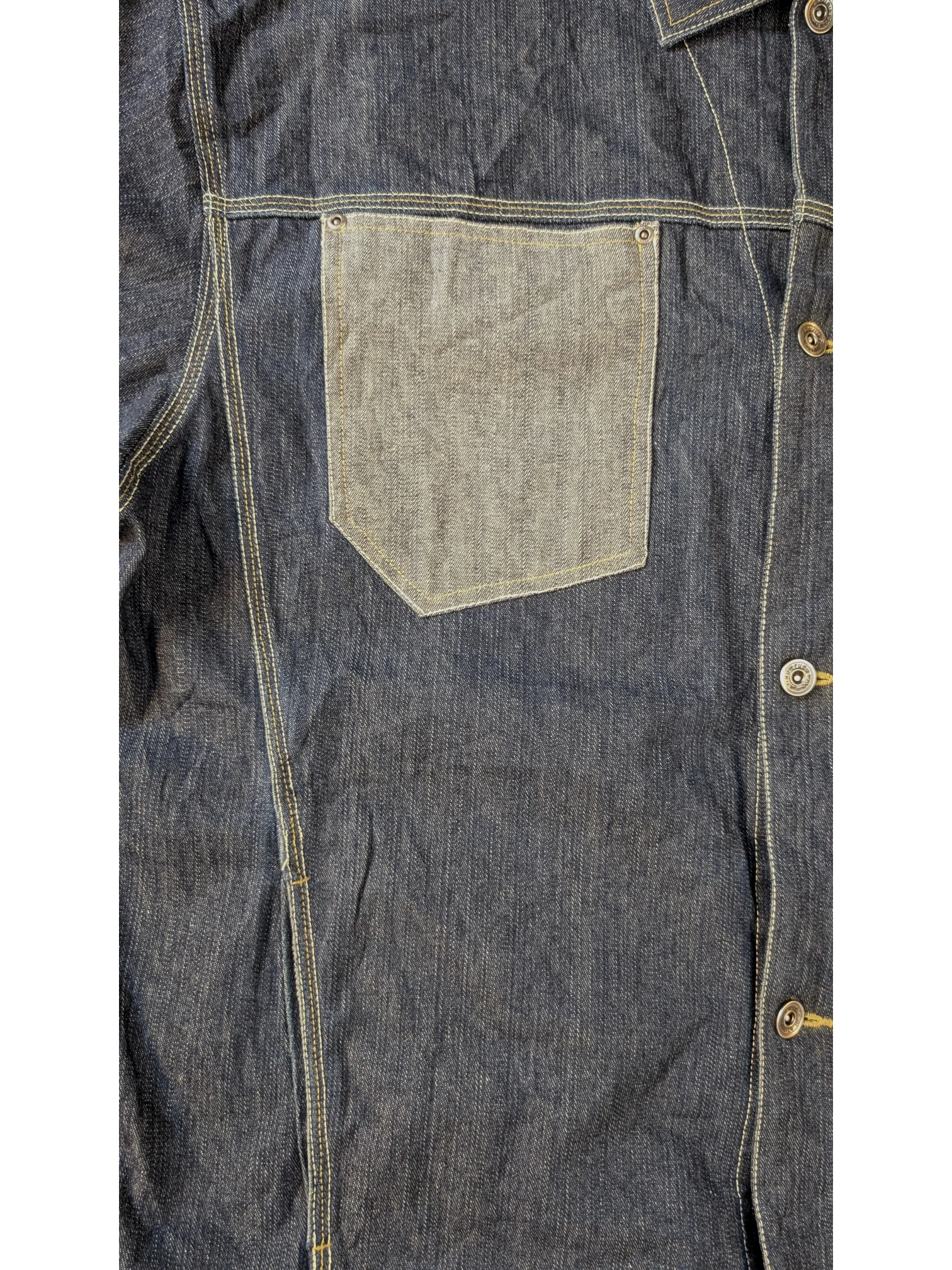 JAKE & IPI Platinum FUBU denim jacket with a single chest pocket and button closure. Dark wash denim.