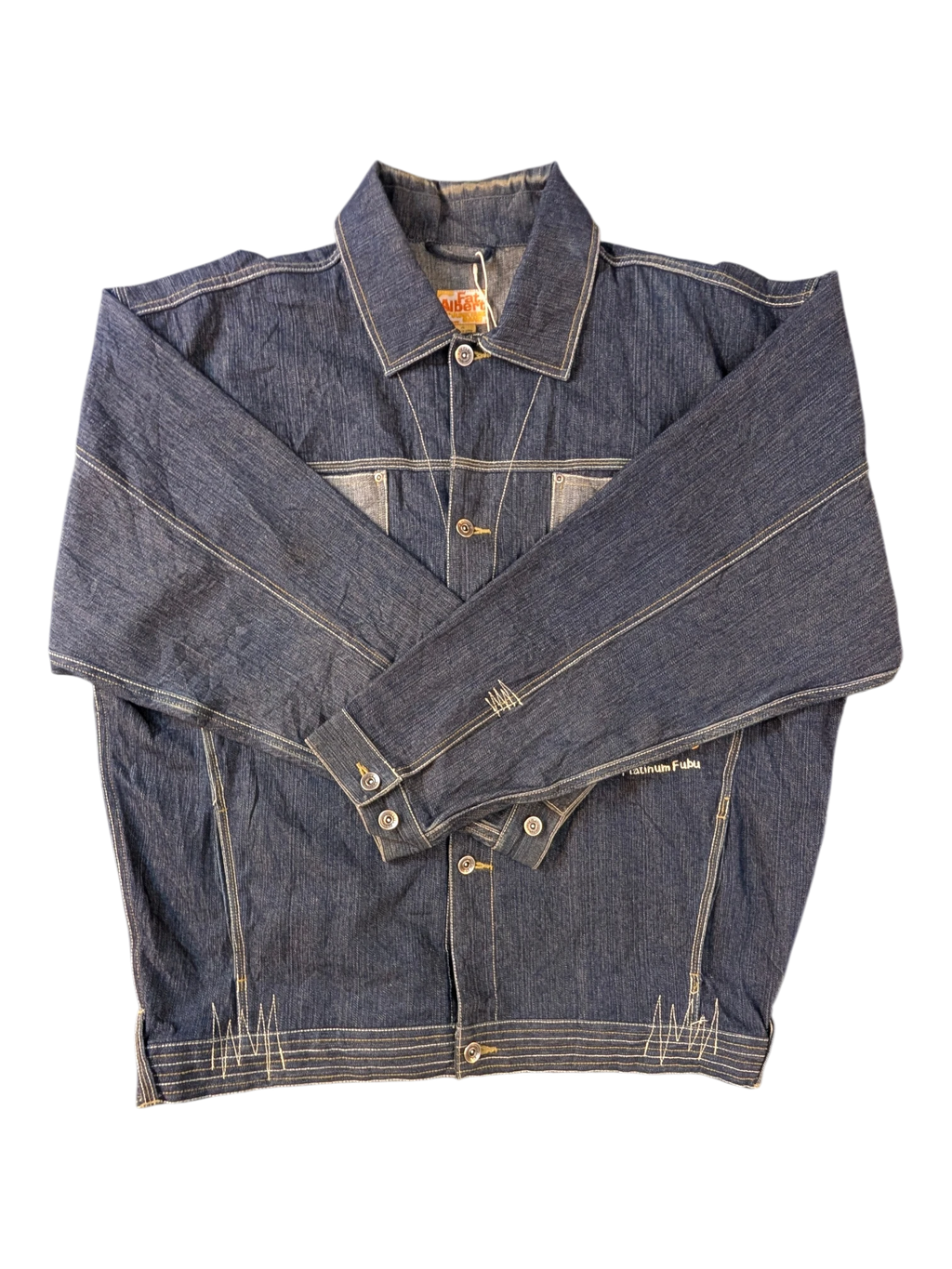 JAKE & IPI Platinum FUBU denim jacket in dark wash blue with contrast stitching and button closure.