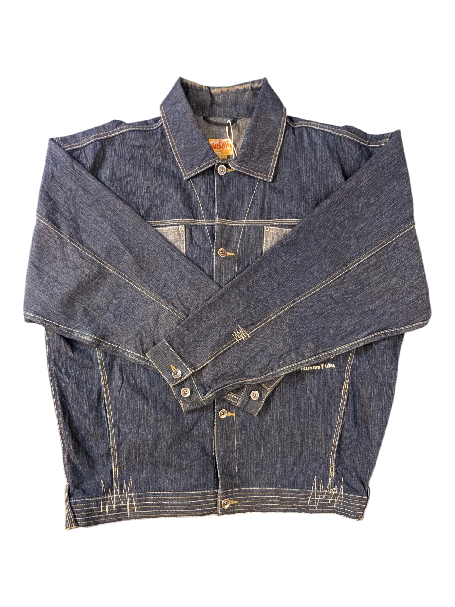 JAKE & IPI Platinum FUBU denim jacket in dark wash blue with contrast stitching and button closure.