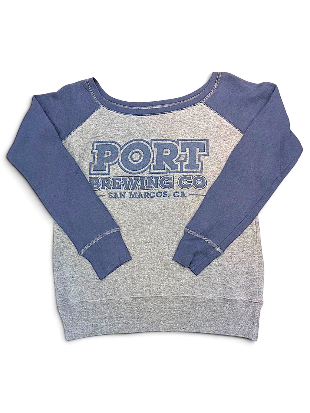 JAKE & IPI grey and navy blue long-sleeve sweatshirt with a wide neckline and Port Brewing CO graphic print