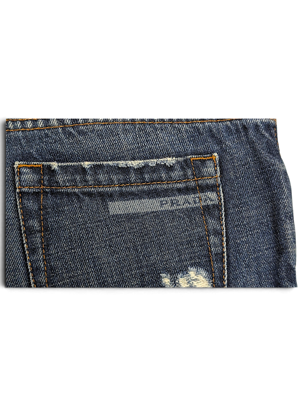 JAKE & IPI Prada blue cotton straight-leg jeans back pocket with distressed detailing and contrast stitching