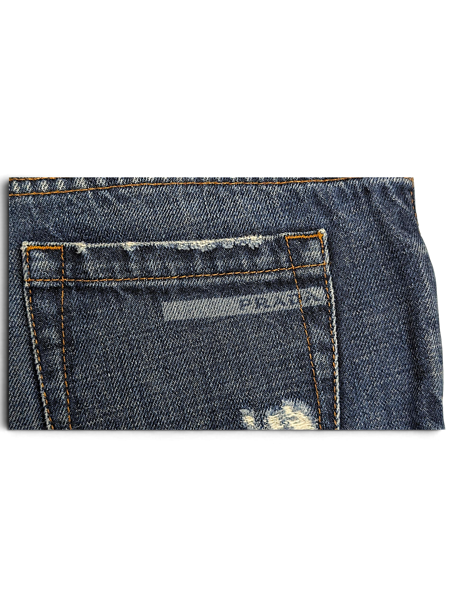 JAKE & IPI Prada blue cotton straight-leg jeans back pocket with distressed detailing and contrast stitching