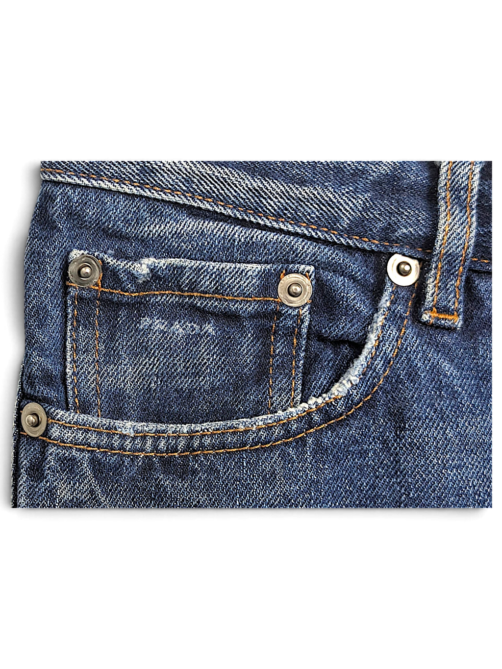 JAKE & IPI Prada blue cotton jeans featuring a distressed coin pocket with metal rivets and contrast stitching.