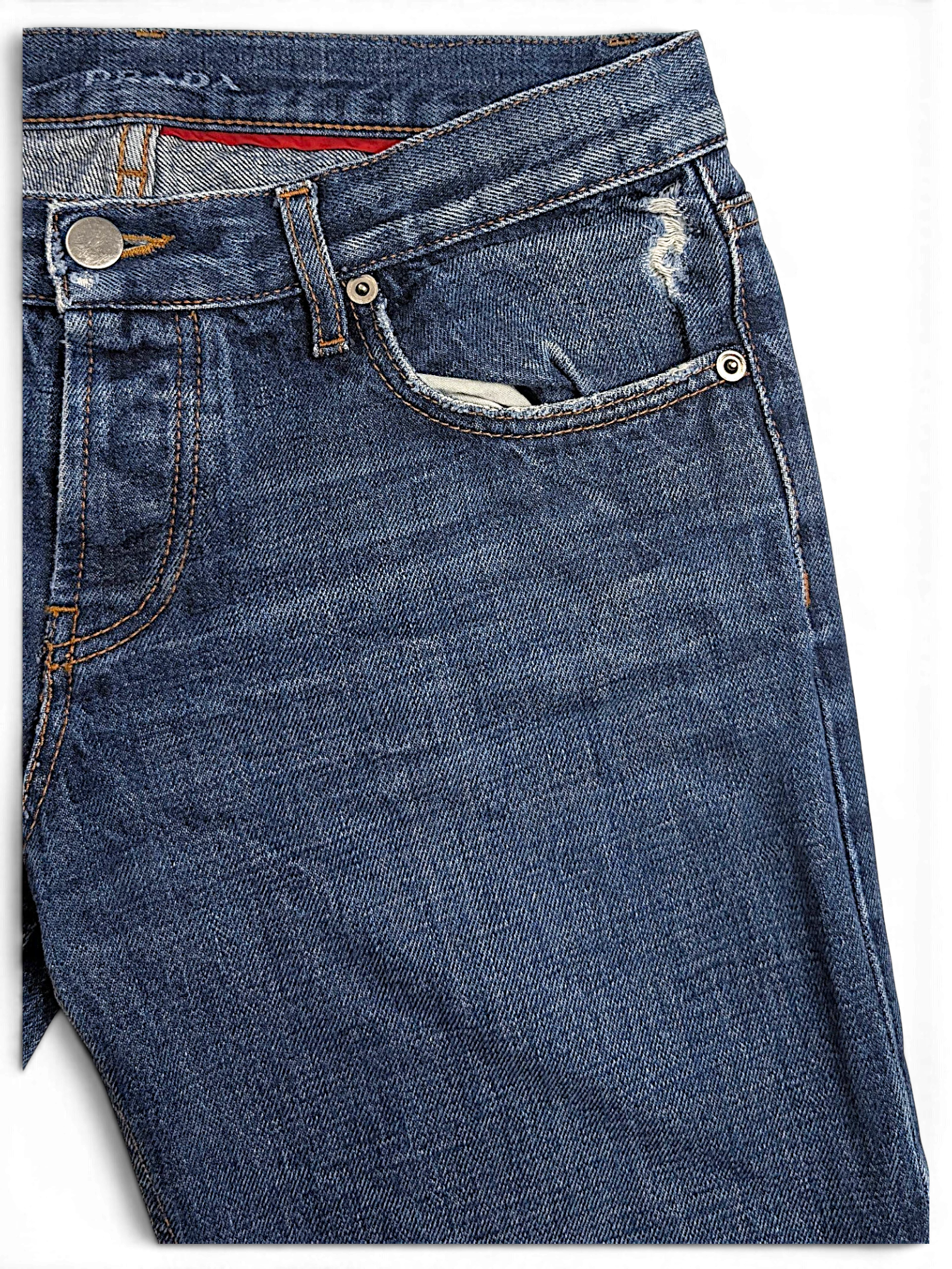 JAKE & IPI pre-owned blue Prada straight-leg cotton jeans with distressed pocket detail and metal hardware