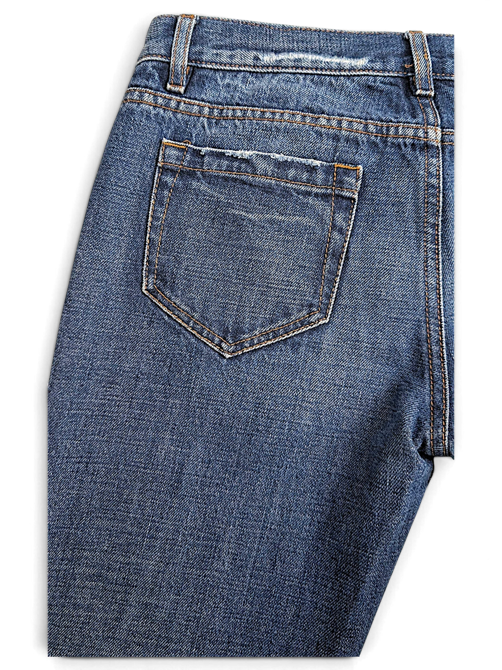 JAKE & IPI Prada blue cotton straight-leg jeans featuring distressed pocket details and frayed edges