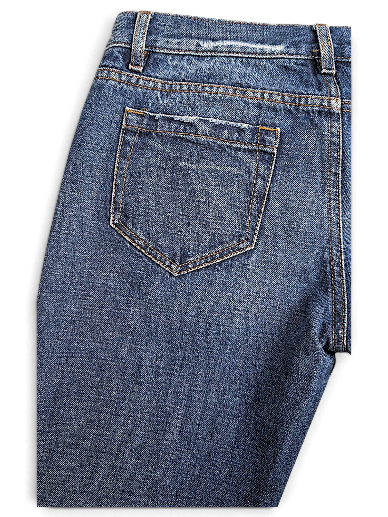 JAKE & IPI Prada blue cotton straight-leg jeans featuring distressed pocket details and frayed edges