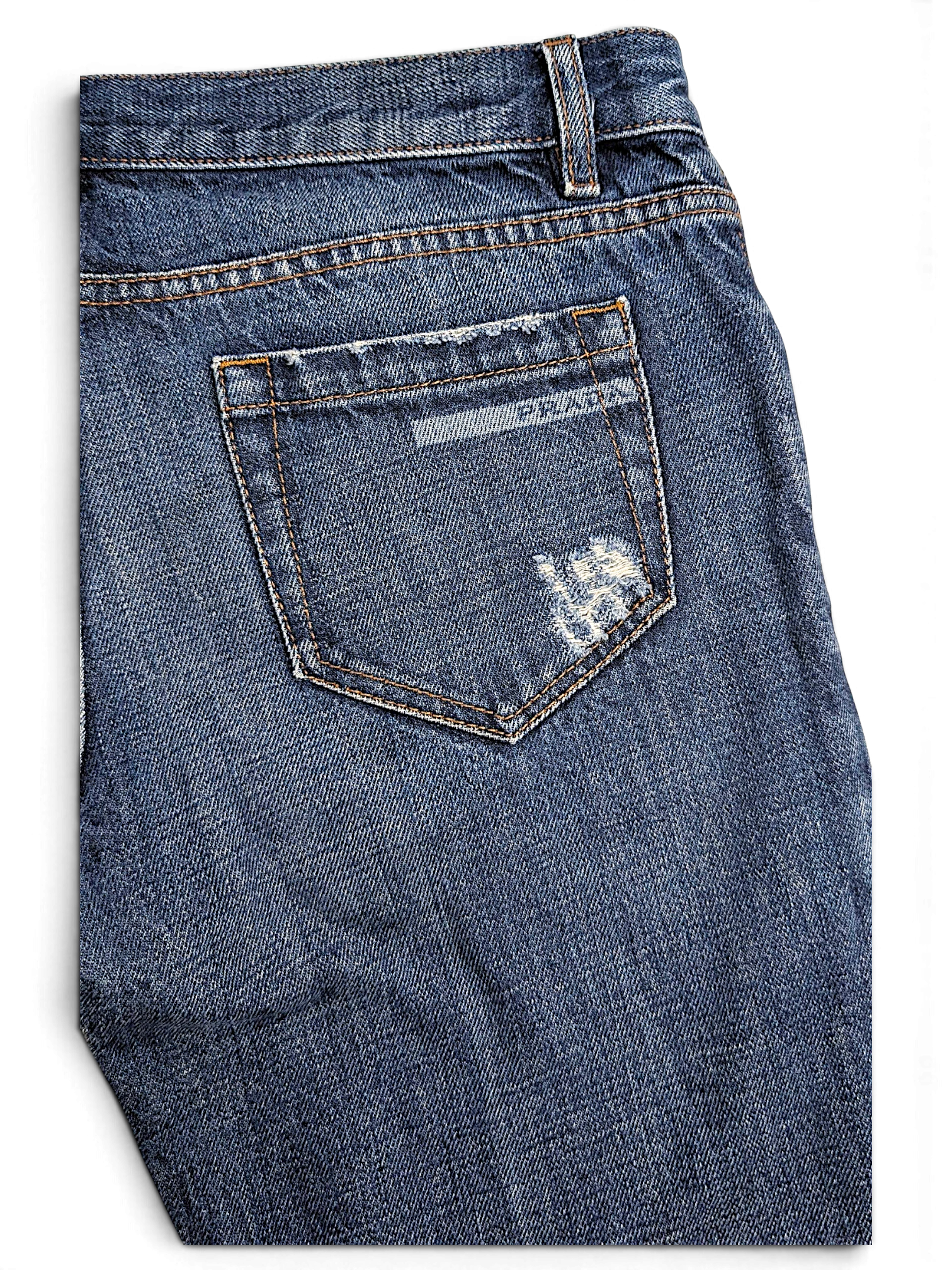 JAKE & IPI pre-owned Prada blue cotton straight-leg jeans featuring a distressed back pocket with frayed details