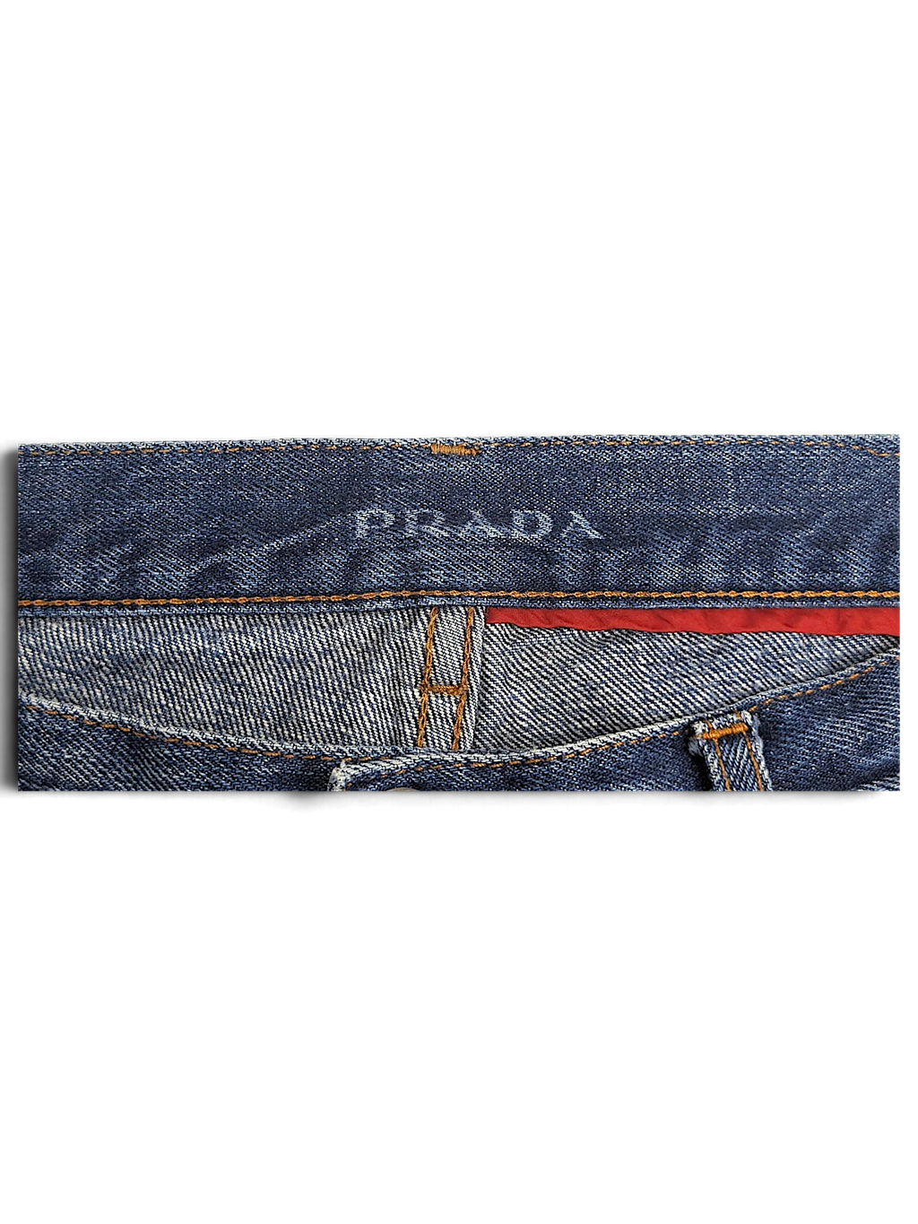 JAKE & IPI pre-owned blue Prada straight-leg jeans featuring a branded waistband and red interior trim detail
