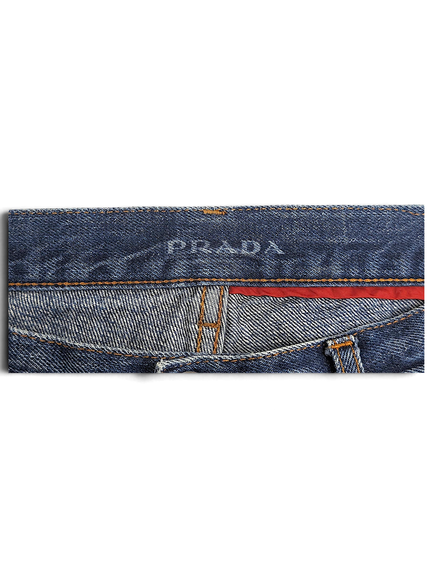 JAKE & IPI pre-owned blue Prada straight-leg jeans featuring a branded waistband and red interior trim detail