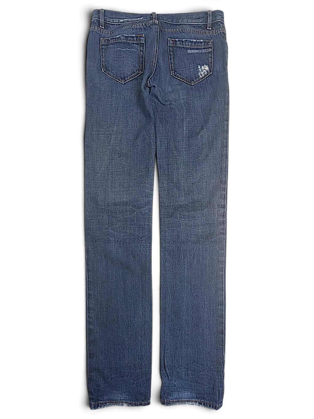JAKE & IPI pre-owned Prada blue cotton straight-leg jeans with distressed back pockets and frayed hems.