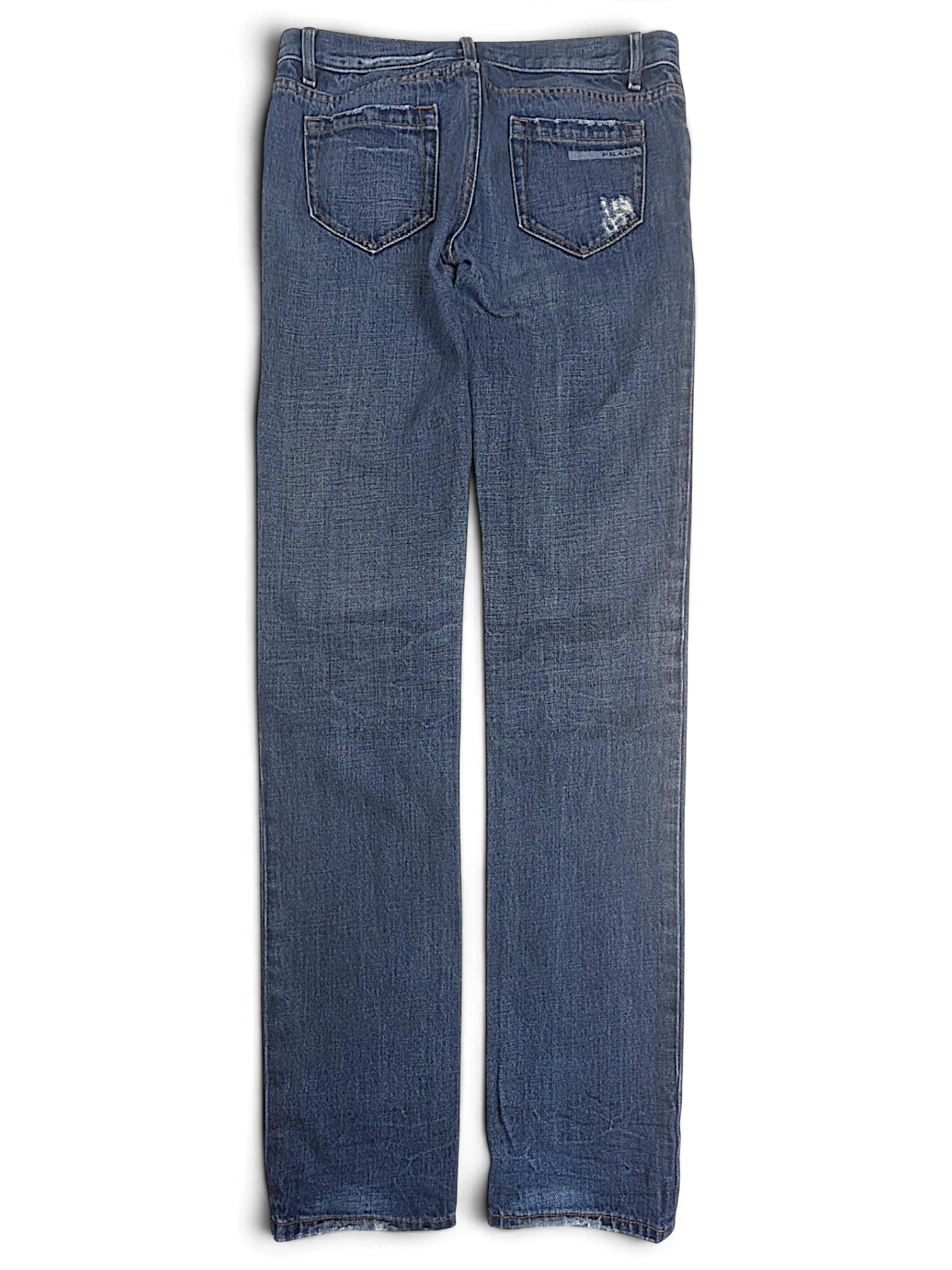 JAKE & IPI pre-owned Prada blue cotton straight-leg jeans with distressed back pockets and frayed hems.