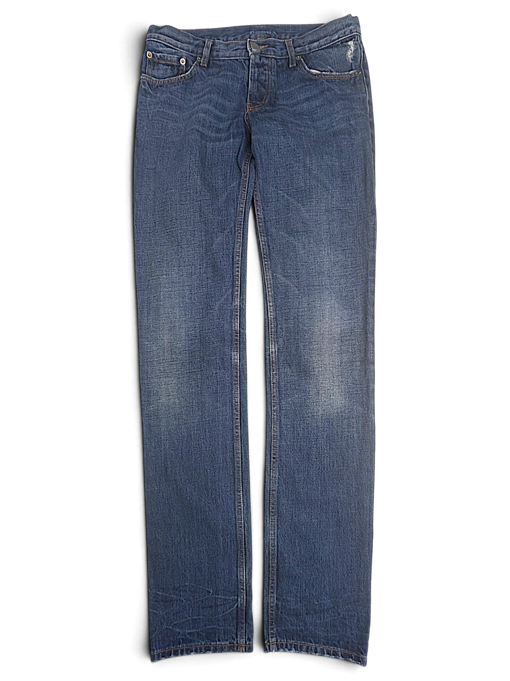 JAKE & IPI Prada blue cotton straight-leg jeans with distressed pocket details and frayed hems.