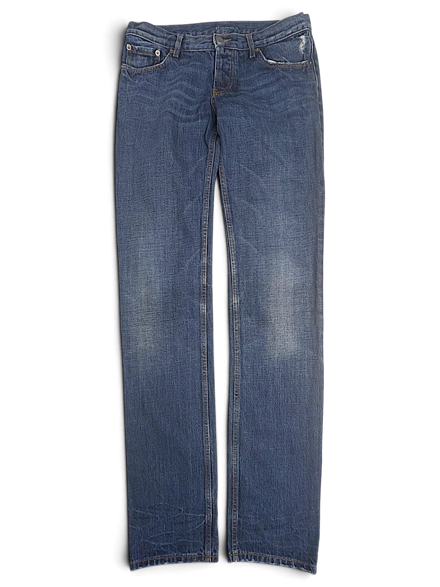 JAKE & IPI Prada blue cotton straight-leg jeans with distressed pocket details and frayed hems.