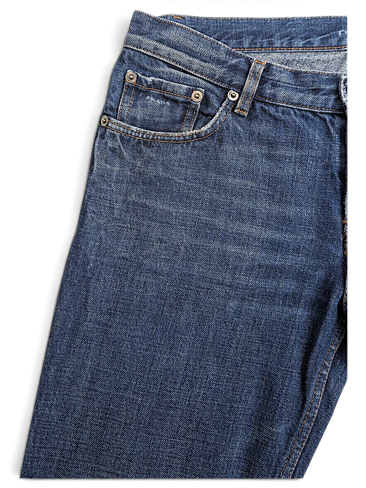 JAKE & IPI Prada blue cotton straight-leg jeans featuring a classic five-pocket design with distressed detailing.