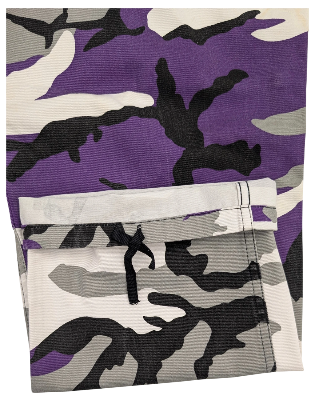JAKE & IPI purple, white, grey, and black camouflage cargo pants with a drawstring pocket.