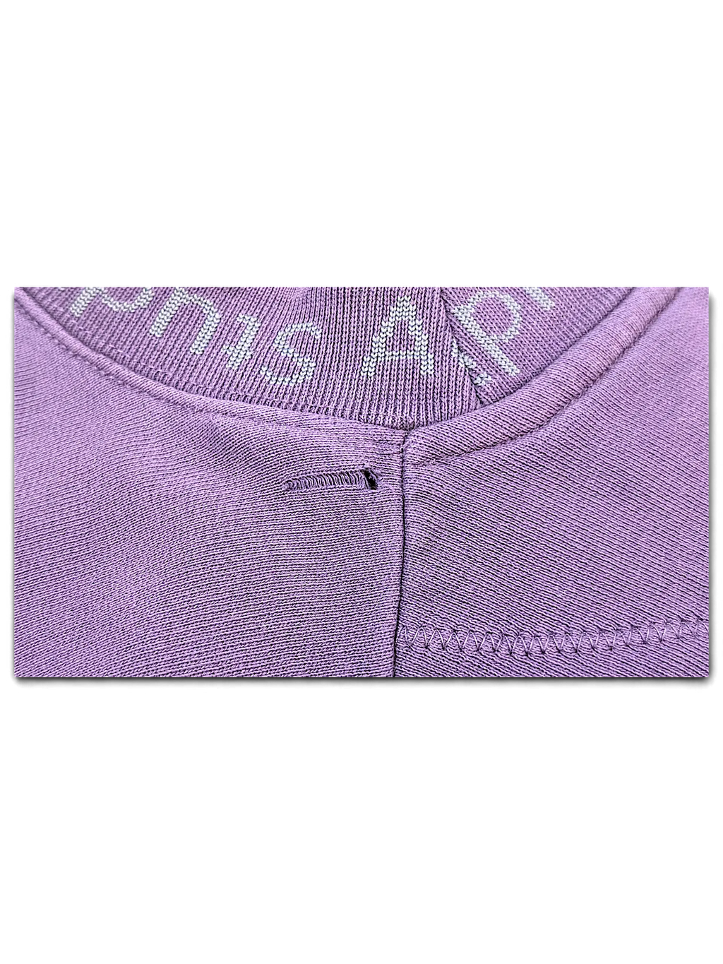 JAKE & IPI purple college sweatshirt featuring a ribbed collar with embroidered text and a small buttonhole detail